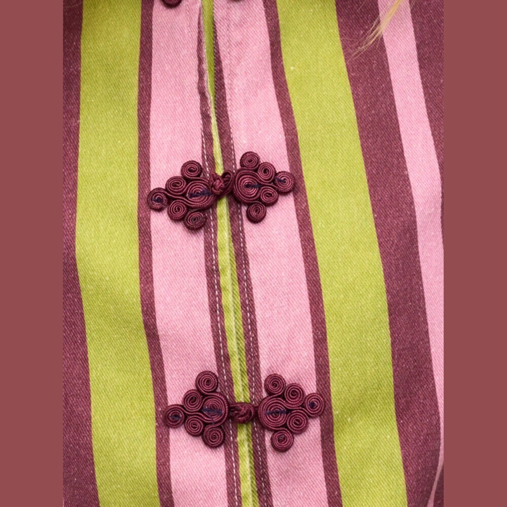 Green Pink Striped Frog Button Denim Jacket, Mandarin Collar - Picture 6 of 6